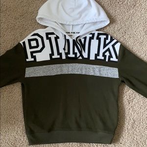 Pink Victoria’s Secret white and camo green hoodie